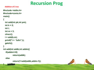 Addition of 2 nos

Recursion Prog

#include <stdio.h>
#include<conio.h>
main()
{
int add(int pk,int pm);
int k = 2;
int i;
int m = 3;
clrscr();
i = add(k,m);
printf("i = %dn",i);
getch();
}
int add(int addk,int addm){
if(addm==0)
return(addk);
else
return(1+add(addk,addm-1));
}

 