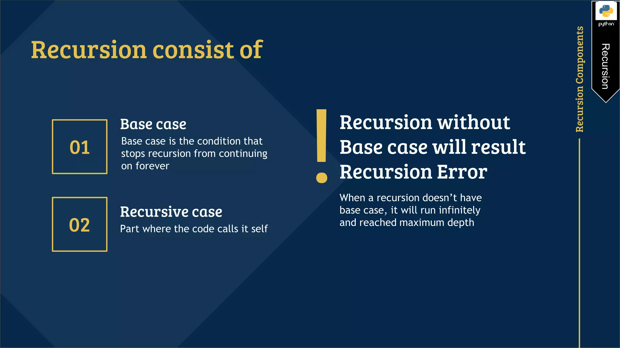RecursionComponents 01 Recursive case Part where the code calls it self Base case Base case is the condition that stops recursion from continuing on forever Recursion consist of 02 ! Recursion without Base case will result Recursion Error When a recursion doesn’t have base case, it will run infinitely and reached maximum depth Recursion 