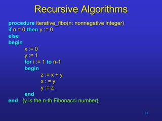 16
Recursive Algorithms
procedure iterative_fibo(n: nonnegative integer)
if n = 0 then y := 0
else
begin
x := 0
y := 1
for i := 1 to n-1
begin
z := x + y
x : = y
y := z
end
end {y is the n-th Fibonacci number}
 