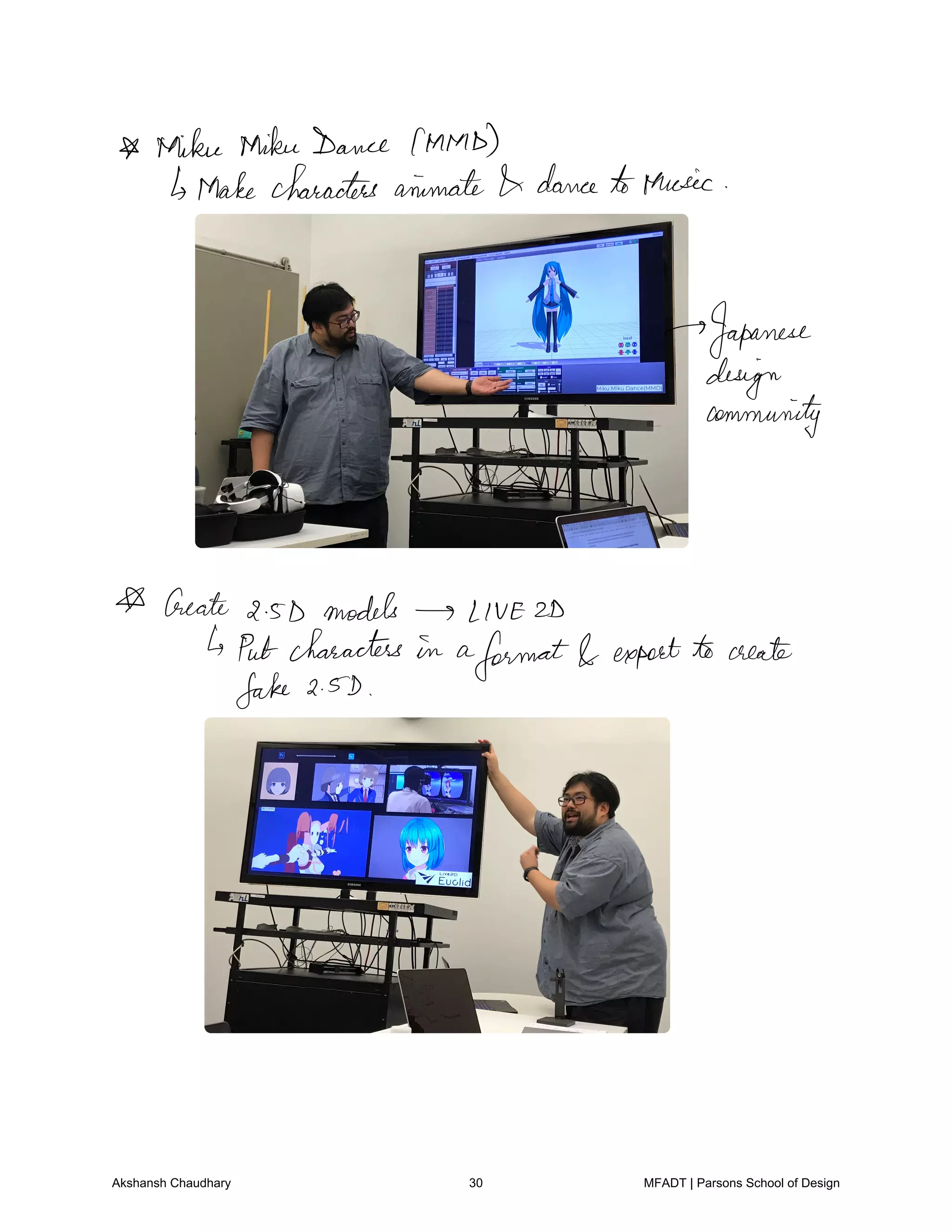 Miku MikuDance MMD
Make characters animate dance tomusic
Japanese
design
community
Create 2 sD models LIVE 2D
Putcharacters in a
format exportto create
fake 2 5D
Akshansh Chaudhary 30 MFADT | Parsons School of Design
 