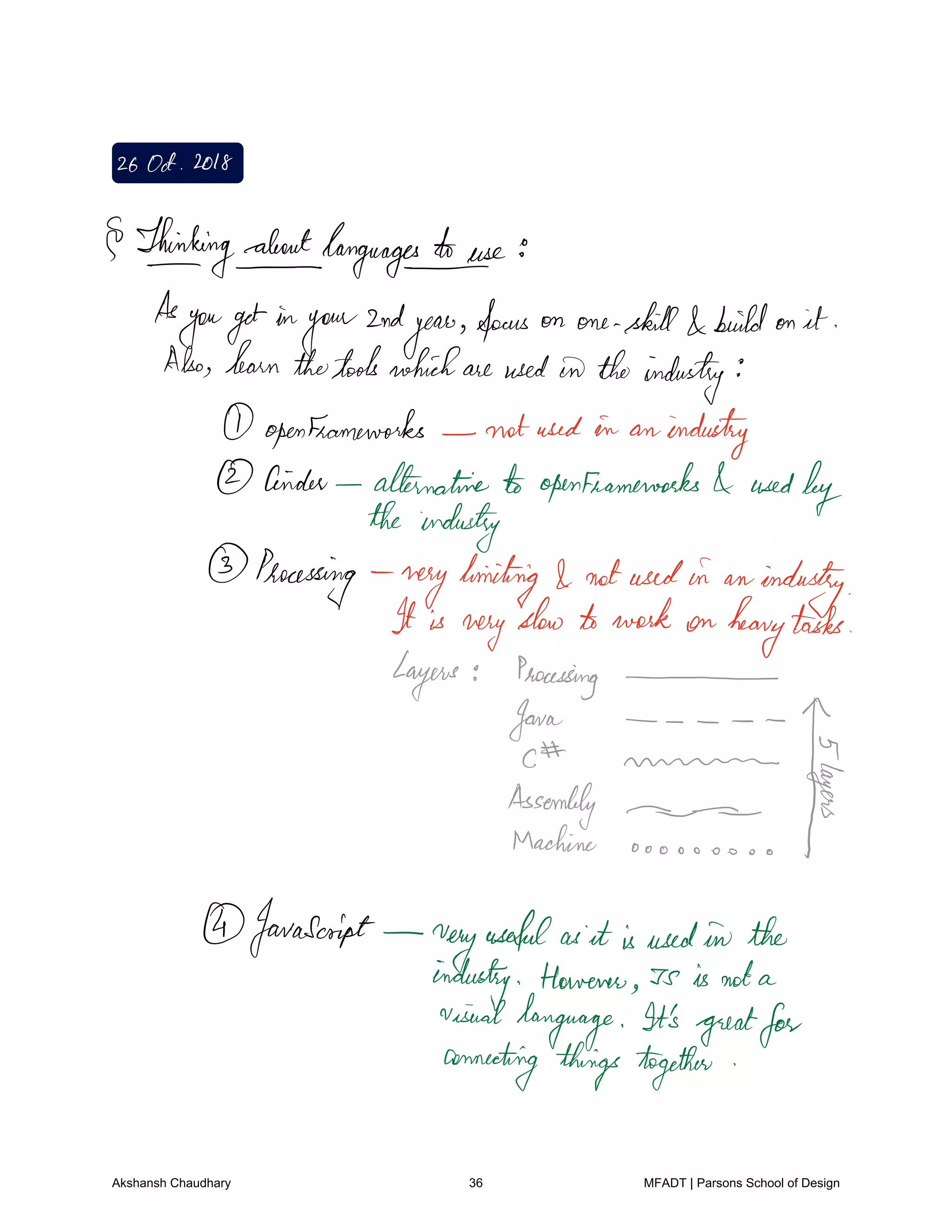 26Oct 2018
Thinking languagesetse
As
yougetin
your
2nd
year
focus on one skill buildon it
Also learnthetoolswhichare used in theindustry
open
Frameworks notused in an industry
Cinder alternative openframeworks used
bythe industry
Processing
veryhinting notusedin an
industry
It is
very
slow to work on heavytasks
Layers Processing
Jana
c mmmm
inT.no
fs
JavaScript
very
usefulas it isusedin the
industry However Is is nota
visuallanguage It's greatfor
connecting things together
Akshansh Chaudhary 36 MFADT | Parsons School of Design
 