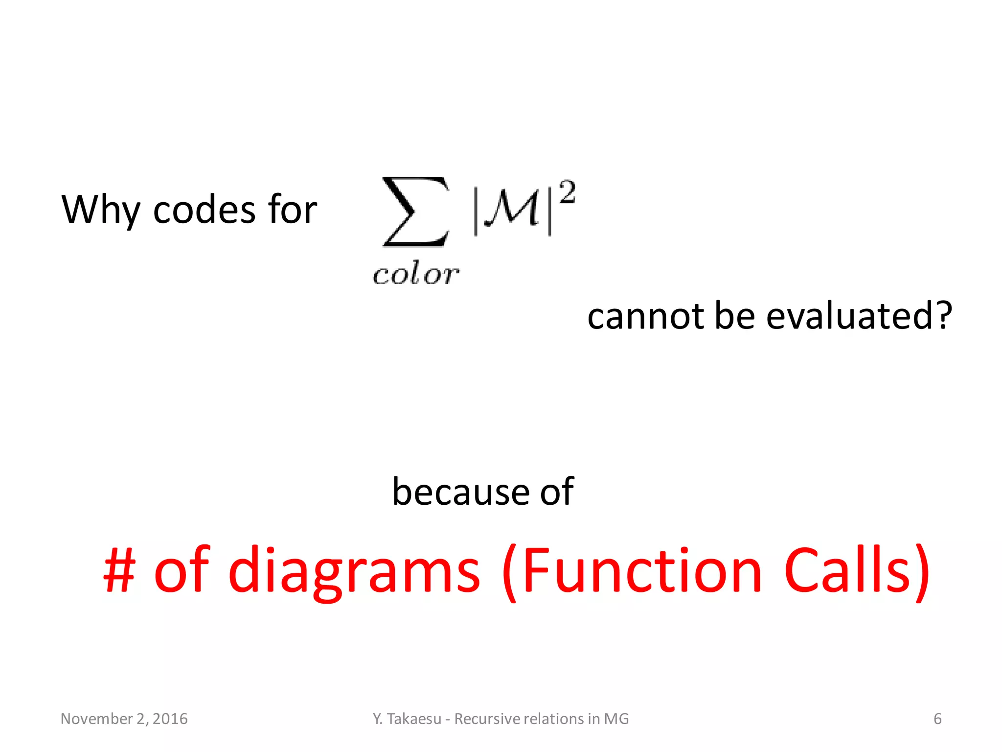 Why codes for
November 2, 2016 Y. Takaesu - Recursiverelations in MG 6
cannot be evaluated?
# of diagrams (Function Calls)
because of
 