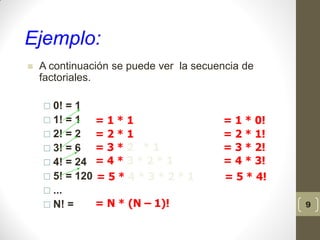 9
Ejemplo:
 A continuación se puede ver la secuencia de
factoriales.
 0! = 1
 1! = 1
 2! = 2
 3! = 6
 4! = 24
 5! = 120
 ...
 N! =
= 1 * 1 = 1 * 0!
= 2 * 1 = 2 * 1!
= 3 * 2 * 1 = 3 * 2!
= 4 * 3 * 2 * 1 = 4 * 3!
= 5 * 4 * 3 * 2 * 1 = 5 * 4!
= N * (N – 1)!
 