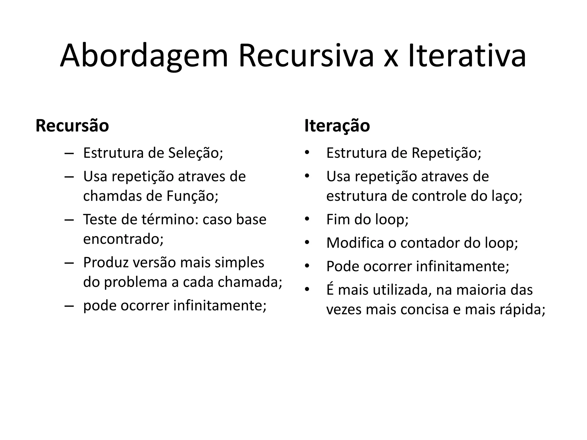 Abordagem Recursiva x Iterativa
Recursão
– Estrutura de Seleção;
– Usa repetição atraves de
chamdas de Função;
– Teste de término: caso base
encontrado;
– Produz versão mais simples
do problema a cada chamada;
– pode ocorrer infinitamente;
Iteração
• Estrutura de Repetição;
• Usa repetição atraves de
estrutura de controle do laço;
• Fim do loop;
• Modifica o contador do loop;
• Pode ocorrer infinitamente;
• É mais utilizada, na maioria das
vezes mais concisa e mais rápida;
 
