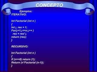CONCEPTO Ejemplos: ITERATIVO: Int Factorial (int n ) { Int ¡, res = 1; For(¡=1;¡<=n;¡++ ) res = res*¡; return (res); } RECURSIVO: Int Factorial (int n ) { If (n==0) return (1); Return (n*Factorial (n-1)); } 