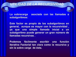 La sobrecarga  asociada con las llamadas a subalgoritmos:  Este factor es propio de los subalgoritmos en general,  aunque es mayor con la recursividad , ya que una simple llamada inicial a un subalgoritmo puede generar un gran número de llamadas recursivas .  Podemos fácilmente escribir una función iterativa Factorial tan clara como la recursiva y sin la sobre carga  de ésta.  UTILIDAD DE LA RECURSIVIDAD 