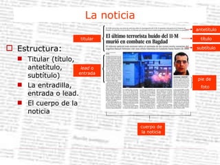 La noticia Estructura: Titular (título, antetítulo, subtítulo) La entradilla, entrada o lead. El cuerpo de la noticia  titular lead  o entrada antetítulo subtítulo título pie de foto cuerpo de la noticia 