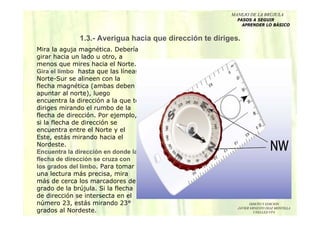 DISEÑO Y EDICION
JAVIER ERNESTO DIAZ MONTILLA
UNELLEZ-VPA
Mira la aguja magnética. Debería
girar hacia un lado u otro, a
menos que mires hacia el Norte.
Gira el limbo hasta que las líneas
Norte-Sur se alineen con la
flecha magnética (ambas deben
apuntar al norte), luego
encuentra la dirección a la que te
diriges mirando el rumbo de la
flecha de dirección. Por ejemplo,
si la flecha de dirección se
encuentra entre el Norte y el
Este, estás mirando hacia el
Nordeste.
Encuentra la dirección en donde la
flecha de dirección se cruza con
los grados del limbo. Para tomar
una lectura más precisa, mira
más de cerca los marcadores de
grado de la brújula. Si la flecha
de dirección se intersecta en el
número 23, estás mirando 23°
grados al Nordeste.
1.3.- Averigua hacia que dirección te diriges.
MANEJO DE LA BRUJULA
PASOS A SEGUIR
APRENDER LO BÁSICO
 