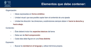 Elementos que debe contener:
Organización:
– Ideas expresadas en forma sintética
– Unidad visual: que sea posible captar bien el contenido de una ojeada
– Unidad de dirección: las divisiones y subdivisiones siempre deben ir hacia la derecha y
hacia abajo.
Contenido:
– Éste deberá incluir los aspectos básicos del tema
– Debe ser de fácil comprensión
– Cada idea debe figurar en una línea distinta
Expresión:
– Buscar la claridad en el lenguaje y utilizar términos propios.
 