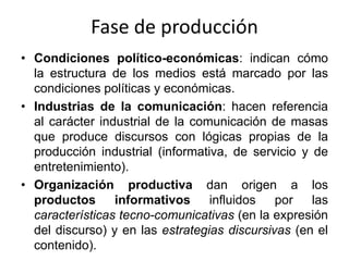 Fase de producción
• Condiciones político-económicas: indican cómo
  la estructura de los medios está marcado por las
  condiciones políticas y económicas.
• Industrias de la comunicación: hacen referencia
  al carácter industrial de la comunicación de masas
  que produce discursos con lógicas propias de la
  producción industrial (informativa, de servicio y de
  entretenimiento).
• Organización productiva dan origen a los
  productos      informativos     influidos   por   las
  características tecno-comunicativas (en la expresión
  del discurso) y en las estrategias discursivas (en el
  contenido).
 
