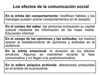 Los efectos de la comunicación social

En la órbita del comportamiento: modifican hábitos y los
mensajes pueden activar comportamientos en el receptor.

En el campo del saber: las personas enriquecen su capital
cultural mediante las información de los mass media.
Educación informal.
En el campo de las opiniones y las actitudes: los medios
operan al establecimiento de opiniones y actitudes en la
audiencia.
En la órbita emocional: la duración de los efectos
emotivos. Algunos se mantienen durante la fase
comunicativa y no llegan a la postcomunicativa.

En la esfera psíquica profunda: alteraciones producidas
en el ámbito de inconsciente.
 