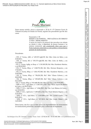 Neste mesmo sentido, cita-se o enunciado n. 29 da 4ª e 5ª Câmaras Cíveis do
Tribunal de Justiça do Estado do Paraná, seguido dos precedentes que lhe deu
causa:
Enunciado n.º 29
RESERVA DO POSSÍVEL - PREVALÊNCIA DO DIREITO
À VIDA - MEDICAMENTO
A teoria da reserva do possível não prevalece em relação
ao direito à vida, à dignidade da pessoa humana e ao
mínimo existencial, não constituindo óbice para que o
Poder Judiciário determine ao ente político o fornecimento
gratuito de medicamentos.
Precedentes:
- STF, 2.ª Turma, ARE. n.º 639.337-AgR/SP, Rel. Min. Celso de Melo, j. em
23.08.2011;
- STF, 2.ª Turma, RE n.º 393.175-AgR/RS, Rel. Min. Celso de Mello, j. em
12.12.2006;
- STJ, 2.ª Turma, AgRg. no Resp. n.º 1.136.549/RS, Rel. Min. Humberto Martins,
j. em 08.06.2010;
- STJ, 2.ª Turma, REsp. n.º 1.068.731/RS, Rel. Min. Herman Benjamin, j. em
17.02.2011;
- STJ, 2.ª Turma, REsp. n.º 1.041.197/MS, Rel. Min. Humberto Martins, j. em
25.08.2009;
- STJ, 2.ª Turma, REsp. n.º 784.241/RS, Rel.ª Min.ª Eliana Calmon, j. em
08.04.2008.
- STJ, 2.ª Turma, REsp. n.º 835.687/RS, Rel.ª Min.ª Eliana Calmon, j. em
04.12.2007;
- STJ, 1.ª Turma, REsp. n.º 811.608/RS, Rel. Min. Luiz Fux, j. em 15.05.2007;
- TJPR, 4.ª CCv., ApCvReex. n.º 1.043.318-2, Rel.ª Des.ª Maria Aparecida Blanco
de Lima, j. em 09.07.2013;
- TJPR, 5.ª CCv., ApCvReex. n.º 1.046.258-3, Rel. Des. Luiz Mateus de Lima, j.
em 18.06.2013;
- TJPR, 5.ª CCv., ApCível n.º 1.005.031-6, Rel. Des. Paulo Roberto Hapner, j. em
21.05.2013;
- TJPR, 5.ª CCv., ApCvReex. n.º 1.019.288-4, Rel. Des. Leonel Cunha, j. em
05.05.2013;
- TJPR, 4.ª CCv., ApCvReex. n.º 917.305-9, Rel. Des. Guido D6beli, j. em
14.03.2013.
Desta forma, não há o que se falar acerca da impossibilidade do fornecimento
do medicamente pretendido, necessário para a sobrevida da Impetrante.
Num. 299 - Pág. 9Assinado eletronicamente. A Certificação Digital pertence a: FELIPE AUGUSTO PINTO MARIANI
https://pje.tjpr.jus.br/pje/Processo/ConsultaDocumento/listView.seam?nd=15101617213929300000000000296
Número do documento: 15101617213929300000000000296
Documentoassinadodigitalmente,conformeMPnº2.200-2/2001,Leinº11.419/2006,resoluçãodoProjudi,doTJPR/OE
Validaçãodesteemhttps://projudi.tjpr.jus.br/projudi/-Identificador:PJ8KRTHDX7W5A4AYH6TK
PROJUDI - Recurso: 5000012-83.2015.8.16.0000 - Ref. mov. 1.2 - Assinado digitalmente por Marco Antonio Santos
14/05/2019: DIGITALIZAÇÃO DO RECURSO. Arq: Petição Inicial
Página 26
 