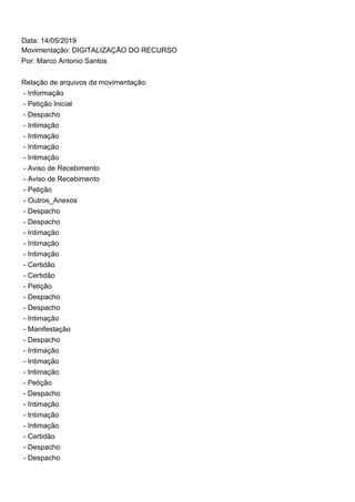 Data: 14/05/2019
Movimentação: DIGITALIZAÇÃO DO RECURSO
Por: Marco Antonio Santos
Relação de arquivos da movimentação:
- Informação
- Petição Inicial
- Despacho
- Intimação
- Intimação
- Intimação
- Intimação
- Aviso de Recebimento
- Aviso de Recebimento
- Petição
- Outros_Anexos
- Despacho
- Despacho
- Intimação
- Intimação
- Intimação
- Certidão
- Certidão
- Petição
- Despacho
- Despacho
- Intimação
- Manifestação
- Despacho
- Intimação
- Intimação
- Intimação
- Petição
- Despacho
- Intimação
- Intimação
- Intimação
- Certidão
- Despacho
- Despacho
 