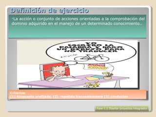 Definición de ejercicio La acción o conjunto de acciones orientadas a la comprobación del dominio adquirido en el manejo de un determinado conocimiento..  Criterios: (1) Respuesta prefijada, (2)  repetida frecuentemente (3) conductas Fase 1.2 Diseñar proyectos integrados 