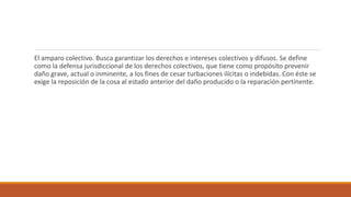 El amparo colectivo. Busca garantizar los derechos e intereses colectivos y difusos. Se define
como la defensa jurisdiccional de los derechos colectivos, que tiene como propósito prevenir
daño grave, actual o inminente, a los fines de cesar turbaciones ilícitas o indebidas. Con éste se
exige la reposición de la cosa al estado anterior del daño producido o la reparación pertinente.
 