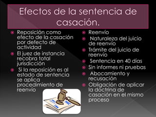  Reposición como
efecto de la casación
por defecto de
actividad
 El juez de instancia
recobra total
jurisdicción
 Si la reposición es al
estado de sentencia
se aplica
procedimiento de
reenvío
 Reenvío
 Naturaleza del juicio
de reenvío
 Trámite del juicio de
reenvío
 Sentencia en 40 días
 Sin informes ni pruebas
 Abocamiento y
recusación
 Obligación de aplicar
la doctrina de
casación en el mismo
proceso
 