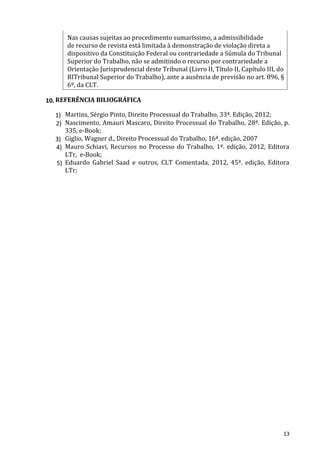 Nas causas sujeitas ao procedimento sumaríssimo, a admissibilidade
de recurso de revista está limitada à demonstração de violação direta a
dispositivo da Constituição Federal ou contrariedade a Súmula do Tribunal
Superior do Trabalho, não se admitindo o recurso por contrariedade a
Orientação Jurisprudencial deste Tribunal (Livro II, Título II, Capítulo III, do
RITribunal Superior do Trabalho), ante a ausência de previsão no art. 896, §
6º, da CLT.
10. REFERÊNCIA BILIOGRÁFICA
1) Martins, Sérgio Pinto, Direito Processual do Trabalho, 33ª. Edição, 2012;
2) Nascimento, Amauri Mascaro, Direito Processual do Trabalho, 28ª. Edição, p.
335, e-Book;
3) Giglio, Wagner d., Direito Processual do Trabalho, 16ª. edição, 2007
4) Mauro Schiavi, Recursos no Processo do Trabalho, 1ª. edição, 2012, Editora
LTr, e-Book;
5) Eduardo Gabriel Saad e outros, CLT Comentada, 2012, 45ª. edição, Editora
LTr;
13
 