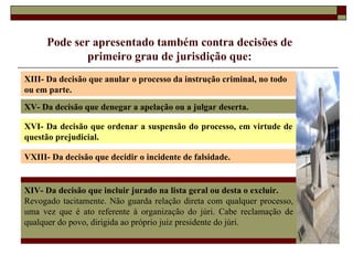 Pode ser apresentado também contra decisões de primeiro grau de jurisdição que: XIII- Da decisão que anular o processo da instrução criminal, no todo ou em parte. XV- Da decisão que denegar a apelação ou a julgar deserta. XVI- Da decisão que ordenar a suspensão do processo, em virtude de questão prejudicial. VXIII- Da decisão que decidir o incidente de falsidade.  XIV- Da decisão que incluir jurado na lista geral ou desta o excluir. Revogado tacitamente. Não guarda relação direta com qualquer processo, uma vez que é ato referente à organização do júri. Cabe reclamação de qualquer do povo, dirigida ao próprio juiz presidente do júri.  