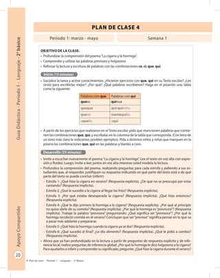 20
GuíaDidáctica-Período1-Lenguaje-2°básicoApoyoCompartido
Plan de clase - Período 1 - Lenguaje - 2º Básico
PLAN DE CLASE 4
Objetivo de la clase:
•	 Profundizar la comprensión del poema“La cigarra y la hormiga”.
•	 Comprender y utilizar las palabras previsora y holgazana.
•	 Reforzar la lectura y escritura de palabras con las combinaciones ce, ci, que, qui.
Inicio (15 minutos)
•	 Socialice la tarea y active conocimientos: ¿Hicieron ejercicios con que, qui en su Texto escolar? ¿Les
sirvió para escribirlas mejor? ¿Por qué? ¿Qué palabras escribieron? Haga en el pizarrón una tabla
como la siguiente:
•	 A partir de los ejercicios que realizaron en el Texto escolar, pida que mencionen palabras que contie-
nen las combinaciones que, qui, y escríbalas en la columna de la tabla que corresponda. (Con letra de
un tono más claro le indicamos posibles ejemplos). Pida a distintos niños y niñas que marquen en la
pizarra las combinaciones que, qui en las palabras y léanlas a coro.
Desarrollo (55 minutos)
•	 Invite a escuchar nuevamente el poema“La cigarra y la hormiga”. Lea el texto en voz alta con expre-
sión y fluidez. Luego, invite a leer juntos en voz alta mientras usted modela la lectura.
•	 Profundice la comprensión del poema, realizando preguntas para cada estrofa y pidiendo a sus es-
tudiantes que, al responder, justifiquen su respuesta indicando en qué parte del texto está o de qué
parte del texto se puede concluir (inferir):
-	 Estrofa 1: ¿Qué hizo la cigarra en verano? (Respuesta explícita). ¿De qué no se preocupó por estar
cantando? (Respuesta implícita).
-	 Estrofa 2: ¿Qué le sucedió a la cigarra al llegar los fríos? (Respuesta explícita).
-	 Estrofa 3: ¿Por qué estaba desesperada la cigarra? (Respuesta implícita). ¿Qué hizo entonces?
(Respuesta explícita).
-	 Estrofa 4: ¿Qué le dijo primero la hormiga a la cigarra? (Respuesta explícita). ¿Por qué al principio
no quiso darle de su comida? (Respuesta implícita). ¿Por qué la hormiga es“previsora”? (Respuesta
implícita). Trabaje la palabra “previsora” preguntando: ¿Qué significa ser “previsora”? ¿Por qué la
hormiga recolectó comida en el verano? Concluyan que ser“previsor”significa pensar en lo que va
a pasar más adelante y prepararse.
-	 Estrofa 5: ¿Qué hizo la hormiga cuando la cigarra ya se iba? (Respuesta explícita).
-	 Estrofa 6: ¿Qué sucedió al final? ¿Le dio alimento? (Respuesta implícita). ¿Qué le pidió a cambio?
(Respuesta implícita).
•	 Ahora que ya han profundizado en la lectura a partir de preguntas de respuesta explícita y de infe-
rencia local, realice preguntas de inferencia global: ¿Por qué la hormiga le dice holgazana a la cigarra?
Para ayudarlos a inferir y comprender su significado, pregunte: ¿Qué hizo la cigarra durante el verano?
Período 1: marzo - mayo Semana 1
Palabras con que Palabras con qui
queso quinua
queque quirquincho
querer mantequilla
aquella aquí
 