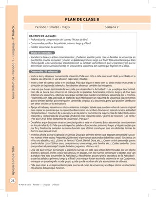 28
GuíaDidáctica-Período1-Lenguaje-2°básicoApoyoCompartido
Plan de clase - Período 1 - Lenguaje - 2º Básico
PLAN DE CLASE 8
Objetivo de la clase:
•	 Profundizar la comprensión del cuento“Ricitos de Oro”.
•	 Comprender y utilizar las palabras primero, luego y al final.
•	 Escribir secuencias de acciones.
Inicio (15 minutos)
•	 Socialice la tarea y active conocimientos: ¿Pudieron escribir junto con un familiar la secuencia en
que Ricitos prueba las sopas? ¿Usaron las palabras primero, luego y al final? Pida voluntarios que lean
cómo quedó la secuencia que escribieron con su familiar. Comenten en qué se parecen y en qué se
diferencian las secuencias escritas en la casa de la secuencia del cuento que leyeron en la clase.
Desarrollo (55 minutos)
•	 Invite a leer y observar nuevamente el cuento. Pida a un niño o niña que lea el título y escríbalo en la
pizarra. Lea el texto en voz alta con expresión y fluidez.
•	 Invite a leer el cuento solos y en voz baja. Pida que sigan el texto con su dedo índice marcando la
dirección de izquierda a derecha. Recuérdeles observar también las imágenes.
•	 Una vez que hayan terminado de leer, pida que desarrollen la Actividad 1. Lea y explique la actividad.
Con ella se busca que refuercen el manejo de las palabras funcionales primero, luego y al final para
ordenar una secuencia. Además, busca que sientan que pueden escribir una secuencia por sí mismos.
Finalmente, con esta actividad, se pretende que internalicen un esquema de secuencia: los elementos
que se omiten son los que entregan el contenido singular a la secuencia, pero que pueden cambiarse
por otros sin afectar su estructura.
•	 Apoye el trabajo y resuelva sus dudas mientras trabajan. Señale que pueden volver al cuento original
para copiar las palabras que no recuerdan bien cómo se escriben. Revise con todo el curso la actividad
completando el resumen de la secuencia en la pizarra. Comenten la experiencia de haber leído solos
el cuento y completado la secuencia: ¿Pudieron leer el cuento solos? ¿Cómo lo hicieron? ¿Les costó?
¿Por qué? ¿Fue difícil completar la secuencia? ¿Por qué?
•	 Desafíelos a que busquen otras secuencias iguales a esta en el cuento. Estas secuencias se encuentran
en los párrafos 8 y 9. Pida que subrayen las palabras funcionales primero y luego, y hágales notar que
por fin y finalmente cumplen la misma función que al final (concluyan que son distintas formas de
decir lo que pasó al final).
•	 Invítelos ahora a crear su propia secuencia. Diga que primero tienen que escoger personajes y accio-
nes nuevas entre todos. Pregunte: ¿Quién será el personaje que probará distintas cosas? (Una niña, un
niño, una abuelita, etc.). ¿Cómo se llamará? (Carol, Daniel, Dora, etc.). ¿Quién será el personaje que es
dueño de las cosas? (Unos osos, una panteras, unos amigo, una familia, etc.). ¿Cuáles serán las cosas
que probará el personaje? (sopas, helados, juguetes, sillones, etc.).
•	 Una vez que tengan personajes y acciones nuevas (en este caso están determinadas por un objeto
distinto a probar), invite a crear secuencias, en grupos, con los nuevos personajes y objetos que van
a probar. Para esto desarrollen la Actividad 2. Recuérdeles guiarse por la secuencia de la Actividad 1
y usar las palabras primero, luego y al final. Una vez que hayan escrito la secuencia en sus Cuadernos,
entregue un papelógrafo a cada grupo y pida que la escriban ahí y la acompañen de dibujos.
•	 Pida que elijan a un representante para que lea al curso la secuencia y explique cómo se relacionan
con ella los dibujos que hicieron.
Período 1: marzo - mayo Semana 2
 