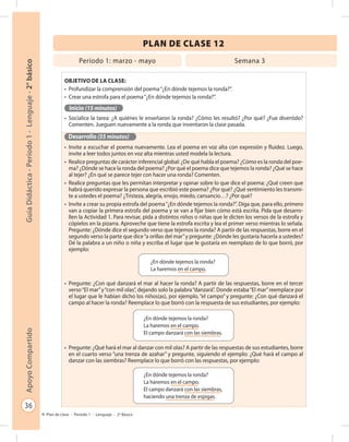 36
GuíaDidáctica-Período1-Lenguaje-2°básicoApoyoCompartido
Plan de clase - Período 1 - Lenguaje - 2º Básico
Objetivo de la clase:
•	 Profundizar la comprensión del poema“¿En dónde tejemos la ronda?”.
•	 Crear una estrofa para el poema“¿En dónde tejemos la ronda?”.
Inicio (15 minutos)
•	 Socialice la tarea: ¿A quiénes le enseñaron la ronda? ¿Cómo les resultó? ¿Por qué? ¿Fue divertido?
Comenten. Jueguen nuevamente a la ronda que inventaron la clase pasada.
Desarrollo (55 minutos)
•	 Invite a escuchar el poema nuevamente. Lea el poema en voz alta con expresión y fluidez. Luego,
invite a leer todos juntos en voz alta mientras usted modela la lectura.
•	 Realice preguntas de carácter inferencial global: ¿De qué habla el poema? ¿Cómo es la ronda del poe-
ma? ¿Dónde se hace la ronda del poema? ¿Por qué el poema dice que tejemos la ronda? ¿Qué se hace
al tejer? ¿En qué se parece tejer con hacer una ronda? Comenten.
•	 Realice preguntas que les permitan interpretar y opinar sobre lo que dice el poema: ¿Qué creen que
habrá querido expresar la persona que escribió este poema? ¿Por qué? ¿Qué sentimiento les transmi-
te a ustedes el poema? ¿Tristeza, alegría, enojo, miedo, cansancio…? ¿Por qué?
•	 Invite a crear su propia estrofa del poema“¿En dónde tejemos la ronda?”. Diga que, para ello, primero
van a copiar la primera estrofa del poema y se van a fijar bien cómo está escrita. Pida que desarro-
llen la Actividad 1. Para revisar, pida a distintos niños o niñas que le dicten los versos de la estrofa y
cópielos en la pizarra. Aproveche que tiene la estrofa escrita y lea el primer verso mientras lo señala.
Pregunte: ¿Dónde dice el segundo verso que tejemos la ronda? A partir de las respuestas, borre en el
segundo verso la parte que dice“a orillas del mar”y pregunte: ¿Dónde les gustaría hacerla a ustedes?
Dé la palabra a un niño o niña y escriba el lugar que le gustaría en reemplazo de lo que borró, por
ejemplo:
•	 Pregunte: ¿Con qué danzará el mar al hacer la ronda? A partir de las respuestas, borre en el tercer
verso“El mar”y“con mil olas”, dejando solo la palabra“danzará”. Donde estaba“El mar”reemplace por
el lugar que le habían dicho los niños(as), por ejemplo, “el campo” y pregunte: ¿Con qué danzará el
campo al hacer la ronda? Reemplace lo que borró con la respuesta de sus estudiantes, por ejemplo:
•	 Pregunte: ¿Qué hará el mar al danzar con mil olas? A partir de las respuestas de sus estudiantes, borre
en el cuarto verso “una trenza de azahar” y pregunte, siguiendo el ejemplo: ¿Qué hará el campo al
danzar con las siembras? Reemplace lo que borró con las respuestas, por ejemplo:
PLAN DE CLASE 12
Período 1: marzo - mayo Semana 3
¿En dónde tejemos la ronda?
La haremos en el campo.
¿En dónde tejemos la ronda?
La haremos en el campo.
El campo danzará con las siembras.
¿En dónde tejemos la ronda?
La haremos en el campo.
El campo danzará con las siembras,
haciendo una trenza de espigas.
 