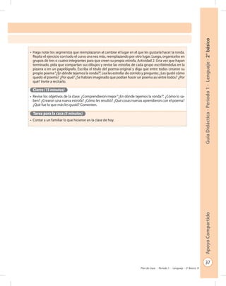 37
GuíaDidáctica-Período1-Lenguaje-2°básicoApoyoCompartido
Plan de clase - Período 1 - Lenguaje - 2º Básico
•	 Haga notar los segmentos que reemplazaron al cambiar el lugar en el que les gustaría hacer la ronda.
Repita el ejercicio con todo el curso una vez más, reemplazando por otro lugar. Luego, organícelos en
grupos de tres o cuatro integrantes para que creen su propia estrofa, Actividad 2. Una vez que hayan
terminado, pida que compartan sus dibujos y revise las estrofas de cada grupo escribiéndolas en la
pizarra o en un papelógrafo. Escriba el título del poema original y diga que entre todos crearon su
propio poema“¿En dónde tejemos la ronda?”. Lea las estrofas de corrido y pregunte: ¿Les gustó cómo
quedó el poema? ¿Por qué? ¿Se habían imaginado que podían hacer un poema así entre todos? ¿Por
qué? Invite a recitarlo.
Cierre (15 minutos)
•	 Revise los objetivos de la clase: ¿Comprendieron mejor “¿En dónde tejemos la ronda?”. ¿Cómo lo sa-
ben? ¿Crearon una nueva estrofa? ¿Cómo les resultó? ¿Qué cosas nuevas aprendieron con el poema?
¿Qué fue lo que más les gustó? Comenten.
Tarea para la casa (5 minutos)
•	 Contar a un familiar lo que hicieron en la clase de hoy.
 