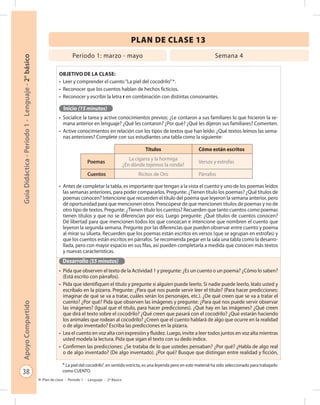 38
GuíaDidáctica-Período1-Lenguaje-2°básicoApoyoCompartido
Plan de clase - Período 1 - Lenguaje - 2º Básico
PLAN DE CLASE 13
Objetivo de la clase:
•	 Leer y comprender el cuento“La piel del cocodrilo”*.
•	 Reconocer que los cuentos hablan de hechos ficticios.
•	 Reconocer y escribir la letra r en combinación con distintas consonantes.
Inicio (15 minutos)
•	 Socialice la tarea y active conocimientos previos: ¿Le contaron a sus familiares lo que hicieron la se-
mana anterior en lenguaje? ¿Qué les contaron? ¿Por qué? ¿Qué les dijeron sus familiares? Comenten.
•	 Active conocimientos en relación con los tipos de textos que han leído: ¿Qué textos leímos las sema-
nas anteriores? Complete con sus estudiantes una tabla como la siguiente:
•	 Antes de completar la tabla, es importante que tengan a la vista el cuento y uno de los poemas leídos
las semanas anteriores, para poder compararlos. Pregunte: ¿Tienen título los poemas? ¿Qué títulos de
poemas conocen? Intencione que recuerden el título del poema que leyeron la semana anterior, pero
dé oportunidad para que mencionen otros. Preocúpese de que mencionen títulos de poemas y no de
otro tipo de textos. Pregunte: ¿Tienen título los cuentos? Recuerden que tanto cuentos como poemas
tienen títulos y que no se diferencian por eso. Luego pregunte: ¿Qué títulos de cuentos conocen?
Dé libertad para que mencionen todos los que conozcan e intencione que nombren el cuento que
leyeron la segunda semana. Pregunte por las diferencias que pueden observar entre cuento y poema
al mirar su silueta. Recuerden que los poemas están escritos en versos (que se agrupan en estrofas) y
que los cuentos están escritos en párrafos. Se recomienda pegar en la sala una tabla como la desarro-
llada, pero con mayor espacio en sus filas, así pueden completarla a medida que conocen más textos
y nuevas características.
Desarrollo (55 minutos)
•	 Pida que observen el texto de la Actividad 1 y pregunte: ¿Es un cuento o un poema? ¿Cómo lo saben?
(Está escrito con párrafos).
•	 Pida que identifiquen el título y pregunte si alguien puede leerlo. Si nadie puede leerlo, léalo usted y
escríbalo en la pizarra. Pregunte: ¿Para qué nos puede servir leer el título? (Para hacer predicciones:
imaginar de qué se va a tratar, cuáles serán los personajes, etc.). ¿De qué creen que se va a tratar el
cuento? ¿Por qué? Pida que observen las imágenes y pregunte: ¿Para qué nos puede servir observar
las imágenes? (Igual que el título, para hacer predicciones). ¿Qué hay en las imágenes? ¿Qué creen
que dirá el texto sobre el cocodrilo? ¿Qué creen que pasará con el cocodrilo? ¿Qué estarán haciendo
los animales que rodean al cocodrilo? ¿Creen que el cuento hablará de algo que ocurre en la realidad
o de algo inventado? Escriba las predicciones en la pizarra.
•	 Lea el cuento en voz alta con expresión y fluidez. Luego, invite a leer todos juntos en voz alta mientras
usted modela la lectura. Pida que sigan el texto con su dedo índice.
•	 Confirmen las predicciones: ¿Se trataba de lo que ustedes pensaban? ¿Por qué? ¿Habla de algo real
o de algo inventado? (De algo inventado). ¿Por qué? Busque que distingan entre realidad y ficción,
Período 1: marzo - mayo Semana 4
Títulos Cómo están escritos
Poemas
La cigarra y la hormiga
¿En dónde tejemos la ronda?
Versos y estrofas
Cuentos Ricitos de Oro Párrafos
* La piel del cocodrilo”, en sentido estricto, es una leyenda pero en este material ha sido seleccionado para trabajarlo
como CUENTO.
 