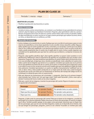 62
GuíaDidáctica-Período1-Lenguaje-2°básicoApoyoCompartido
Plan de clase - Período 1 - Lenguaje - 2º Básico
Objetivo de la clase:
•	 Planificar la producción (escritura) de un cuento.
Inicio (15 minutos)
•	 Socialice la tarea y active conocimientos: ¿Le contaron a sus familiares lo que aprendieron la semana
anterior? ¿Qué les dijeron sus familiares? Comenten. Pregunte: ¿Qué aprendieron sobre los cuentos?
Revisen el esquema de la Clase 24 sobre los cuentos: tienen título; están escritos en párrafos; hablan
de algo inventado por un autor; ocurren en un lugar y tienen personajes que realizan acciones; tienen
un inicio, un desarrollo (con un conflicto) y un final.
Desarrollo (55 minutos)
•	 Invite a trabajar en la creación de un cuento. Explique que van a escribir el cuento paso a paso: en esta
clase lo van a planificar y, en las clases siguientes, lo van a escribir, revisar, reescribir y editar. Diga que
editar significa que el cuento quede bien escrito, se lea bien y se vea bonito. Cuente que en la última
clase lo van a editar para regalárselo a una persona que quieran mucho. Como se acerca el día de la
madre, puede proponerles que el cuento sea el regalo para la mamá, incluso, puede organizar una
actividad con los apoderados para que lean los cuentos que escribieron y compartan el proceso de
escritura.
•	 Pregunte: ¿Qué significa planificar algo? ¿Qué significa planificar un paseo? ¿Qué sucedería si no lo
planificamos? Reflexionen sobre la importancia de planificar las actividades para que resulten como
esperamos. Pregunte: ¿Para qué tendremos que planificar el cuento? Noten que la escritura de un tex-
to es una actividad que, al igual que otras, necesita ser planificada. Invite a planificar el cuento entre
todos a partir de las imágenes que tienen en su cuaderno. Considere que quizás esta sea la primera
vez en que planifican la producción de un cuento, por lo tanto, es importante que lo haga paso a paso
y con todo el curso a la vez, ya que les servirá como modelo para que más adelante lo hagan de modo
más autónomo. Considere que producir un cuento no significa necesariamente “codificarlo” por es-
crito, es decir, niños y niñas pueden producirlo en su mayor parte de modo oral y usted encargarse
de ponerlo por escrito, de modo que sus limitaciones en términos del manejo del código escrito no
constituyan un obstáculo para crear un cuento escrito.
•	 Pida que observen las ilustraciones de la Actividad 1 y pregunte: ¿Qué hay en la primera imagen?
¿Qué animales hay? ¿Cómo son? ¿En qué lugar están? ¿Qué están haciendo? ¿Cómo creen que se
sienten? Continúe del mismo modo con las otras imágenes.
•	 Pida que, a partir de las imágenes, inventen los personajes del cuento. Pegue en la pizarra un esque-
ma igual al de la Actividad 2:
Pregunte: ¿Cuáles serán los personajes del cuento? Pida que se basen en las imágenes, y escriba los
personajes en la columna izquierda. Deben mencionar al menos dos personajes: el caracol y el pájaro
que lo lleva. También pueden agregar al otro pájaro como personaje. Intencione que no hayan más
de tres personajes, para que les sea más fácil integrarlos a todos en el desarrollo de la historia. Una
vez que tengan los personajes, pregunte: ¿Cómo se van a llamar? Acuerden un nombre para cada
PLAN DE CLASE 25
Período 1: marzo - mayo Semana 7
Personajes Nombres Características
Caracol Por ejemplo: Claudio. Por ejemplo: lento, no vuela, soñador.
Pájaro que lleva al caracol Por ejemplo: Plumita. Por ejemplo: vuela, generoso.
Pájaro que mira Por ejemplo: Sofi. Por ejemplo: vuela, despistado.
 
