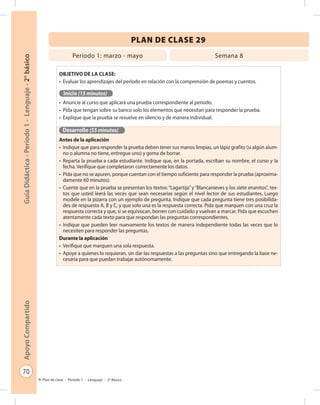 70
GuíaDidáctica-Período1-Lenguaje-2°básicoApoyoCompartido
Plan de clase - Período 1 - Lenguaje - 2º Básico
PLAN DE CLASE 29
Objetivo de la clase:
•	 Evaluar los aprendizajes del período en relación con la comprensión de poemas y cuentos.
Inicio (15 minutos)
•	 Anuncie al curso que aplicará una prueba correspondiente al período.
•	 Pida que tengan sobre su banco solo los elementos que necesitan para responder la prueba.
•	 Explique que la prueba se resuelve en silencio y de manera individual.
Desarrollo (55 minutos)
Antes de la aplicación
•	 Indique que para responder la prueba deben tener sus manos limpias, un lápiz grafito (si algún alum-
no o alumna no tiene, entregue uno) y goma de borrar.
•	 Reparta la prueba a cada estudiante. Indique que, en la portada, escriban su nombre, el curso y la
fecha. Verifique que completaron correctamente los datos.
•	 Pida que no se apuren, porque cuentan con el tiempo suficiente para responder la prueba (aproxima-
damente 60 minutos).
•	 Cuente que en la prueba se presentan los textos:“Lagartija”y“Blancanieves y los siete enanitos”, tex-
tos que usted leerá las veces que sean necesarias según el nivel lector de sus estudiantes. Luego
modele en la pizarra con un ejemplo de pregunta. Indique que cada pregunta tiene tres posibilida-
des de respuesta A, B y C, y que solo una es la respuesta correcta. Pida que marquen con una cruz la
respuesta correcta y que, si se equivocan, borren con cuidado y vuelvan a marcar. Pida que escuchen
atentamente cada texto para que respondan las preguntas correspondientes.
•	 Indique que pueden leer nuevamente los textos de manera independiente todas las veces que lo
necesiten para responder las preguntas.
Durante la aplicación
•	 Verifique que marquen una sola respuesta.
•	 Apoye a quienes lo requieran, sin dar las respuestas a las preguntas sino que entregando la base ne-
cesaria para que puedan trabajar autónomamente.
Período 1: marzo - mayo Semana 8
 