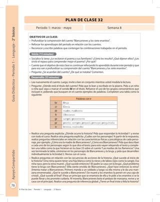 76
GuíaDidáctica-Período1-Lenguaje-2°básicoApoyoCompartido
Plan de clase - Período 1 - Lenguaje - 2º Básico
Objetivo de la clase:
•	 Profundizar la comprensión del cuento“Blancanieves y los siete enanitos”.
•	 Reforzar los aprendizajes del período en relación con los cuentos.
•	 Reconocer y escribir palabras que contengan las combinaciones trabajadas en el período.
Inicio (15 minutos)
•	 Socialice la tarea: ¿Le recitaron el poema a sus familiares? ¿Cómo les resultó? ¿Qué dijeron ellos? ¿Les
sirvió el repaso para comprender mejor el poema? ¿Por qué?
•	 Cuente que el objetivo de esta clase es continuar reforzando lo aprendido durante este período y que
para eso van a profundizar su comprensión del cuento“Blancanieves y los siete enanitos”.
•	 Pregunte: ¿Se acuerdan del cuento? ¿De qué se trataba? Comenten.
Desarrollo (55 minutos)
•	 Lea nuevamente el cuento. Luego, invite a leer en conjunto mientras usted modela la lectura.
•	 Pregunte: ¿Dónde está el título del cuento? Pida que lo lean y escríbalo en la pizarra. Pida a un niño
o niña que vaya a marcar el sonido bl en el título. Refuerce el uso de los grupos consonánticos que
incluyen r, pidiendo que busquen en el cuento ejemplos de palabras. Completen una tabla como la
siguiente:
•	 Realice una pregunta explícita: ¿Dónde ocurre la historia? Pida que respondan la Actividad 1 y revise
con todo el curso. Realice otra pregunta explícita: ¿Cuáles son los personajes? A partir de la respuesta,
realice preguntas inferenciales en relación con las características físicas y psicológicas de cada perso-
naje, por ejemplo: ¿Cómo era la madre de Blancanieves? ¿Cómo era Blancanieves? Pida que describan
a cada uno de los personajes según lo que dice el texto; para esto vayan releyendo el texto y comple-
ten una tabla como la que hicieron en la clase 23 sobre el cuento“Las medias de los flamencos”. Una
vez terminada la tabla, céntrense en los personajes de Blancanieves y la bruja, y pida que desarrollen
individualmente la Actividad 2. Revise con el curso.
•	 Realice preguntas en relación con las secuencias de acciones de la historia: ¿Qué sucede al inicio de
la historia? (Una reina quiere tener una hija blanca como la nieve y de labios rojos como la sangre. Esa
niña nace, pero la reina muere). ¿Qué sucede entonces? (El padre se casa con la bruja). ¿Qué problema
tiene la bruja con Blancanieves? (Ella siente envidia de Blancanieves). ¿Qué hace entonces la reina?
(Intenta matar a Blancanieves. Primero manda a un soldado y luego va ella misma y le da una man-
zana envenenada). ¿Qué le sucede a Blancanieves? (Se muere y los enanitos la ponen en una caja de
cristal). ¿Qué sucede al final? (Pasa un príncipe que se enamora de ella y le pide a los enanitos si se la
puede llevar y les promete cuidarla. Al moverla, Blancanieves bota el pedazo de manzana, revive y se
casa con el príncipe). Realice una pregunta de inferencia global: ¿Tiene un final triste o feliz la historia?
PLAN DE CLASE 32
Período 1: marzo - mayo Semana 8
Palabras con r
br Bruja
cr Crecía
dr madre, madrastra
fr Ofrecieron
gr sangre, gravemente
pr pronto, siempre, preparó, príncipe, preguntaba
tr tristeza, madrastra
 