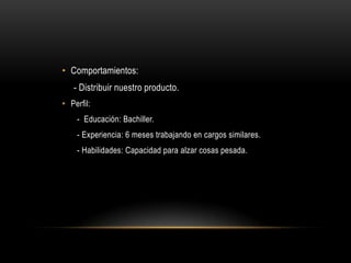 • Comportamientos:
- Distribuir nuestro producto.
• Perfil:
- Educación: Bachiller.
- Experiencia: 6 meses trabajando en cargos similares.
- Habilidades: Capacidad para alzar cosas pesada.

 