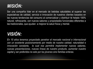 MISIÓN:
Ser una compañía líder en el mercado de bebidas saludables al superar las
expectativas de calidad, servicio e innovación de nuestros clientes basados en
las nuevas tendencias del consumo al comercializar y distribuir té helado 100%
natural, refrescante, con nuevos sabores y propiedades funcionales diferentes a
las tradicionales, que ayudan a mejorar la salud física y mental.

VISIÓN:
En 10 años tenemos proyectado penetrar el mercado nacional e internacional
con un excelente posicionamiento por medio de nuestra calidad, naturalidad e
innovación constante, lo cual nos permitirá implementar nuevos sabores,
nuevas presentaciones, nuevas líneas de nuestro producto, aumentar nuestro
capital y ser preferidos no solo por los jóvenes sino familias enteras.

 
