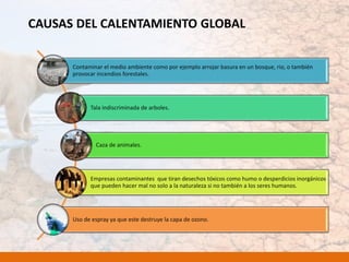 CAUSAS DEL CALENTAMIENTO GLOBAL
Contaminar el medio ambiente como por ejemplo arrojar basura en un bosque, rio, o también
provocar incendios forestales.
Tala indiscriminada de arboles.
Caza de animales.
Empresas contaminantes que tiran desechos tóxicos como humo o desperdicios inorgánicos
que pueden hacer mal no solo a la naturaleza si no también a los seres humanos.
Uso de espray ya que este destruye la capa de ozono.
 