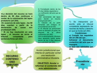 La decisión del recurso se hará
dentro de 60 días continuos a
contar de la culminación del lapso
probatorio (art 254).
-En ausencia de este lapso , los 60
días cuentan a partir de la
declaración de causa son
pruebas(art 254)
-* Si no hay resolución en este
lapso , el recurso se envía al
tribunal competente para
sentencia firme (art 255)
RECURSO
CONTENCI
OSO
TRIBUTARI
O
Acción jurisdiccional que
intenta en particular contar
una resolución
administrativa tributaria.
OBJETIVO: Anular o
reformar el contenido del
acto administrado.
Procedimie
nto
1) Se interpondrá por
escrito ante el tribunal
competente expresando las
razones de hecho y derecho
en que se funda (art 260)
Condiciones:
a) Cumplir los requisitos
del art 340 del cpc .
b)Anexar el documento
contentivo del acto que se
impugna.
c) Que sea admisible (art
266)
2) Formalizarlo dentro de los
25 días hábiles siguientes a :
-La notificación del acto que se
impugna .
- Del vencimiento del lapso
para decidir el recurso
jerarquico(art 261).
3) Citación de la parte
demanda (art 215cpc) en
concordancia con el 332.
4) El tribunal se pronunciará
sobre la admisión al quinto dia
después de la ultima
notificación (art 265)
5)Si la administración tributaria
hace aposición podrá apelar
dentro de los 5 días después
de la admisión (art 265)
 