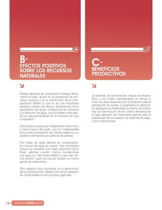 B· POSITIVOS
          EfEcTOS                                                c·
          SOBRE LOS REcURSOS                                     BENEfIcIOS
          NATURALES                                              PRODUcTIVOS


          realizar labranza de conservación protege eficaz-
          mente el suelo, ayuda en la prevención de pro-         la labranza de conservación reduce el esfuerzo
          cesos erosivos y en la disminución de la com-          físico y los costos representados en tiempo y
          pactación debido a que no se usa maquinaria            mano de obra requeridos por el productor para la
          pesada y arados de discos, favoreciendo así la         preparación de suelos, e igualmente la utilización
          penetración de raíces, la absorción de nutrientes      de agroquímicos (herbicidas) es menor. Asi mismo
          y la retención de agua, que le facilitan a las plan-   hay una disminución de los costos derivados de
          tas su aprovechamiento en el momento en que            la baja utilización de maquinaria agrícola para la
          la requieran.                                          preparación de los suelos y de sistemas de riego,
                                                                 como motobombas.
          esta práctica propicia la multiplicación de la micro
          y macro fauna del suelo, que es indispensable
          para la descomposición de materia orgánica y su
          posterior asimilación por parte de las plantas.

          Por medio de estas labores de conservación,
          los cauces de agua se vuelven más constantes
          porque se presenta una mejor absorción de la
          lluvia, además ocurren menos inundaciones
          y el agua es más limpia debido a que hay me-
          nos erosión, pues los cauces reciben un menor
          aporte de sedimentos.

          otro aspecto muy importante es la disminución
          de la contaminación, debido a la menor utilización
          de combustibles en los procesos agrícolas.




14   · RECURSO NATURAL SUELO
 