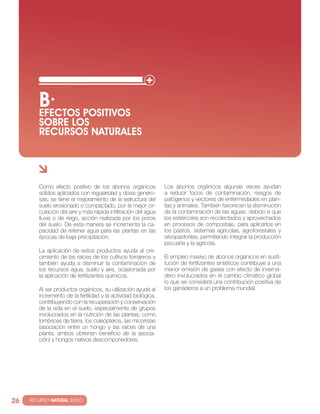 B· POSITIVOS
          EfEcTOS
          SOBRE LOS
          REcURSOS NATURALES




          como efecto positivo de los abonos orgánicos            los abonos orgánicos algunas veces ayudan
          sólidos aplicados con regularidad y dosis genero-       a reducir focos de contaminación, riesgos de
          sas, se tiene el mejoramiento de la estructura del      patógenos y vectores de enfermedades en plan-
          suelo erosionado o compactado, por la mejor cir-        tas y animales. también favorecen la disminución
          culación del aire y más rápida infiltración del agua    de la contaminación de las aguas, debido a que
          lluvia o de riego, acción realizada por los poros       los estiércoles son recolectados y aprovechados
          del suelo. De esta manera se incrementa la ca-          en procesos de compostaje, para aplicarlos en
          pacidad de retener agua para las plantas en las         los pastos, sistemas agrícolas, agroforestales y
          épocas de baja precipitación.                           silvopastoriles, permitiendo integrar la producción
                                                                  pecuaria y la agrícola.
          la aplicación de estos productos ayuda al cre-
          cimiento de las raíces de los cultivos forrajeros y     el empleo masivo de abonos orgánicos en susti-
          también ayuda a disminuir la contaminación de           tución de fertilizantes sintéticos contribuye a una
          los recursos agua, suelo y aire, ocasionada por         menor emisión de gases con efecto de inverna-
          la aplicación de fertilizantes químicos.                dero involucrados en el cambio climático global
                                                                  lo que se considera una contribución positiva de
          Al ser productos orgánicos, su utilización ayuda al     los ganaderos a un problema mundial.
          incremento de la fertilidad y la actividad biológica,
          contribuyendo con la recuperación y conservación
          de la vida en el suelo, especialmente de grupos
          involucrados en la nutrición de las plantas; como
          lombrices de tierra, los coleópteros, las micorrizas
          (asociación entre un hongo y las raíces de una
          planta, ambos obtienen beneficio de la asocia-
          ción) y hongos nativos descomponedores.




26   · RECURSO NATURAL SUELO
 