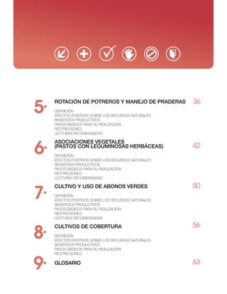 5·                                                    36·
     ROTACiÓn dE POTREROS Y MAnEJO dE PRAdERAS
     DeFinición
     eFectos Positivos sobre los recursos nAturAles
     beneFicios ProDuctivos
     PAsos básicos PArA su reAlizAción
     restricciones
     lecturAs recoMenDADAs




6·
     ASOCiACiOnES VEgETAlES
     (PASTOS COn lEgUMinOSAS HERbáCEAS)               42·
     DeFinición
     eFectos Positivos sobre los recursos nAturAles
     beneFicios ProDuctivos
     PAsos básicos PArA su reAlizAción
     restricciones
     lecturAs recoMenDADAs

                                                      50·
7·
     CUlTiVO Y USO dE AbOnOS VERdES
     DeFinición
     eFectos Positivos sobre los recursos nAturAles
     beneFicios ProDuctivos
     PAsos básicos PArA su reAlizAción
     restricciones
     lecturAs recoMenDADAs

                                                      56·
8·
     CUlTiVOS dE CObERTURA
     DeFinición
     eFectos Positivos sobre los recursos nAturAles
     beneFicios ProDuctivos
     PAsos básicos PArA su reAlizAción
     restricciones


9·   glOSARiO                                         63·
 