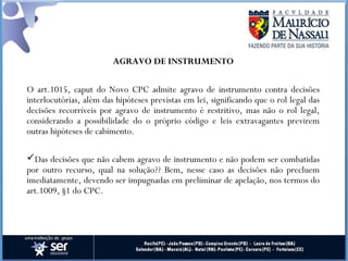 AGRAVO DE INSTRUMENTO
O art.1015, caput do Novo CPC admite agravo de instrumento contra decisões
interlocutórias, além das hipóteses previstas em lei, significando que o rol legal das
decisões recorríveis por agravo de instrumento é restritivo, mas não o rol legal,
considerando a possibilidade do o próprio código e leis extravagantes previrem
outras hipóteses de cabimento.
Das decisões que não cabem agravo de instrumento e não podem ser combatidas
por outro recurso, qual na solução?? Bem, nesse caso as decisões não precluem
imediatamente, devendo ser impugnadas em preliminar de apelação, nos termos do
art.1009, §1 do CPC.
 