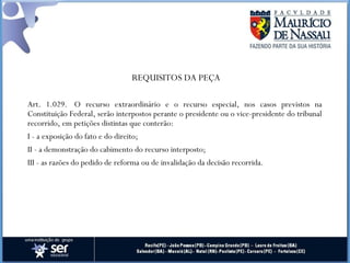REQUISITOS DA PEÇA
Art. 1.029.  O recurso extraordinário e o recurso especial, nos casos previstos na
Constituição Federal, serão interpostos perante o presidente ou o vice-presidente do tribunal
recorrido, em petições distintas que conterão:
I - a exposição do fato e do direito;
II - a demonstração do cabimento do recurso interposto;
III - as razões do pedido de reforma ou de invalidação da decisão recorrida.
 