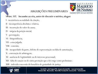 ARGUIÇÕES PRELIMINARES
Art. 337.  Incumbe ao réu, antes de discutir o mérito, alegar:
I - inexistência ou nulidade da citação;
II - incompetência absoluta e relativa;
III - incorreção do valor da causa;
IV - inépcia da petição inicial;
V - perempção;
VI - litispendência;
VII - coisa julgada;
VIII - conexão;
IX - incapacidade da parte, defeito de representação ou falta de autorização;
X - convenção de arbitragem;
XI - ausência de legitimidade ou de interesse processual;
XII - falta de caução ou de outra prestação que a lei exige como preliminar;
XIII - indevida concessão do benefício de gratuidade de justiça.
 