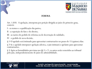FORMA
Art. 1.010.  A apelação, interposta por petição dirigida ao juízo de primeiro grau,
conterá:
I - os nomes e a qualificação das partes;
II - a exposição do fato e do direito;
III - as razões do pedido de reforma ou de decretação de nulidade;
IV - o pedido de nova decisão.
§ 1o
O apelado será intimado para apresentar contrarrazões no prazo de 15 (quinze) dias.
§ 2o
Se o apelado interpuser apelação adesiva, o juiz intimará o apelante para apresentar
contrarrazões.
§ 3o
Após as formalidades previstas nos §§ 1o
e 2o
, os autos serão remetidos ao tribunal
pelo juiz, independentemente de juízo de admissibilidade.
 