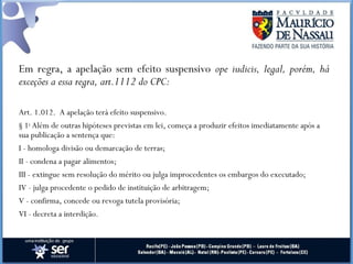 Em regra, a apelação sem efeito suspensivo ope iudicis, legal, porém, há
exceções a essa regra, art.1112 do CPC:
Art. 1.012.  A apelação terá efeito suspensivo.
§ 1o
Além de outras hipóteses previstas em lei, começa a produzir efeitos imediatamente após a
sua publicação a sentença que:
I - homologa divisão ou demarcação de terras;
II - condena a pagar alimentos;
III - extingue sem resolução do mérito ou julga improcedentes os embargos do executado;
IV - julga procedente o pedido de instituição de arbitragem;
V - confirma, concede ou revoga tutela provisória;
VI - decreta a interdição.
 