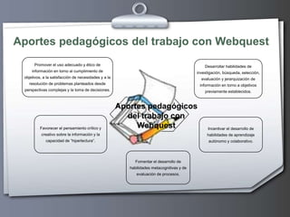 Aportes pedagógicos del trabajo con Webquest<br />Promover el uso adecuado y ético de información en torno al cumplimiento...
