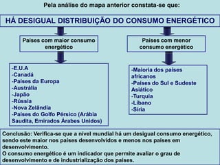 Pela análise do mapa anterior constata-se que:

 HÁ DESIGUAL DISTRIBUIÇÃO DO CONSUMO ENERGÉTICO

       Países com maior consumo                    Países com menor
               energético                         consumo energético


   -E.U.A                                      -Maioria dos países
   -Canadá                                     africanos
   -Países da Europa                           -Países do Sul e Sudeste
   -Austrália                                  Asiático
   -Japão                                      -Turquia
   -Rússia                                     -Líbano
   -Nova Zelândia                              -Síria
   -Países do Golfo Pérsico (Arábia
   Saudita, Emirados Árabes Unidos)

Conclusão: Verifica-se que a nível mundial há um desigual consumo energético,
sendo este maior nos países desenvolvidos e menos nos países em
desenvolvimento.
O consumo energético é um indicador que permite avaliar o grau de
desenvolvimento e de industrialização dos países.
 