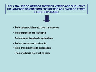 PELA ANÁLISE DO GRÁFICO ANTERIOR VERIFICA-SE QUE HOUVE
UM AUMENTO DO CONSUMO ENERGÉTICO AO LONGO DO TEMPO
                  E ESTE EXPLICA-SE:




    • Pelo desenvolvimento dos transportes

    • Pela expansão da indústria

    • Pela modernização da agricultura

    • Pela crescente urbanização
    • Pelo crescimento da população

    • Pela melhoria do nível de vida
 