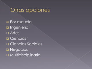  Por escuela
 Ingeniería
 Artes
 Ciencias
 Ciencias Sociales
 Negocios
 Multidisciplinaria
 