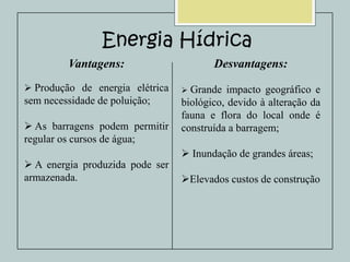 Energia Hídrica
Vantagens:
 Produção de energia elétrica

sem necessidade de poluição;
 As barragens podem permitir
regular os cursos de água;
 A energia produzida pode ser
armazenada.

Desvantagens:
Grande impacto geográfico e
biológico, devido à alteração da
fauna e flora do local onde é
construída a barragem;


 Inundação de grandes áreas;
Elevados custos de construção

 