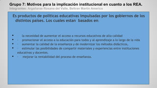 Grupo 7: Motivos para la implicación institucional en cuanto a los REA.
Integrantes: Argañaras Roxana del Valle, Beltran Martin Americo
Es productos de políticas educativas impulsadas por los gobiernos de los
distintos países. Los cuales estan basados en:
• · la necesidad de aumentar el acceso a recursos educativos de alta calidad
• · promocionar el acceso a la educación para todos y al aprendizaje a lo largo de la vida
• · aumentar la calidad de la enseñanza y de modernizar los métodos didácticos,
• · estimular las posibilidades de compartir materiales y experiencias entre instituciones
educativas y docentes.
• · mejorar la rentabilidad del proceso de enseñanza.
 
