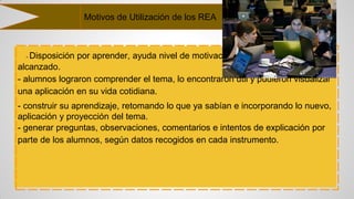- Disposición por aprender, ayuda nivel de motivación
alcanzado.
- alumnos lograron comprender el tema, lo encontraron útil y pudieron visualizar
una aplicación en su vida cotidiana.
- construir su aprendizaje, retomando lo que ya sabían e incorporando lo nuevo,
aplicación y proyección del tema.
- generar preguntas, observaciones, comentarios e intentos de explicación por
parte de los alumnos, según datos recogidos en cada instrumento.
Motivos de Utilización de los REA
 