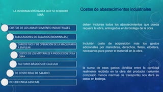 LA INFORMACIÓN BÁSICA QUE SE REQUIERE
SERÁ:
COSTOS DE LOS ABASTECIMIENTO INDUSTRIALES
TABULADORES DE SALARIOS (NOMINALES)
CARGOS FIJOS Y DE OPERACIÓN DE LA MAQUINARIA
A EMPLEAR
COSTOS DE LOS MATERIALES A PRODUCIDOS EN LA
OBRA
FACTORES BÁSICOS DE CALCULO
DE COSTO REAL DE SALARIO
DE EFICIENCIA GENERAL
deben incluirse todos los abastecimientos que pueda
requerir la obra, entregados en la bodega de la obra.
Costos de abastecimientos industriales
Incluirán costo de adquisición más los gastos
adicionales por maniobras, derechos, fletes, etcétera,
necesarios para poner el material en la obra.
la suma de esos gastos dividida entre la cantidad
realmente recibida en la obra del producto (volumen
comprado menos mermas de transporte) nos dará su
costo en bodega.
 